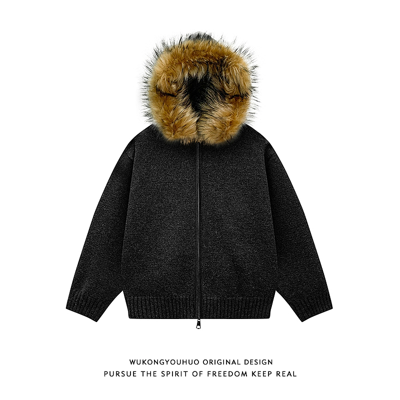 潮牌复古毛绒连帽慵懒风开衫毛衣