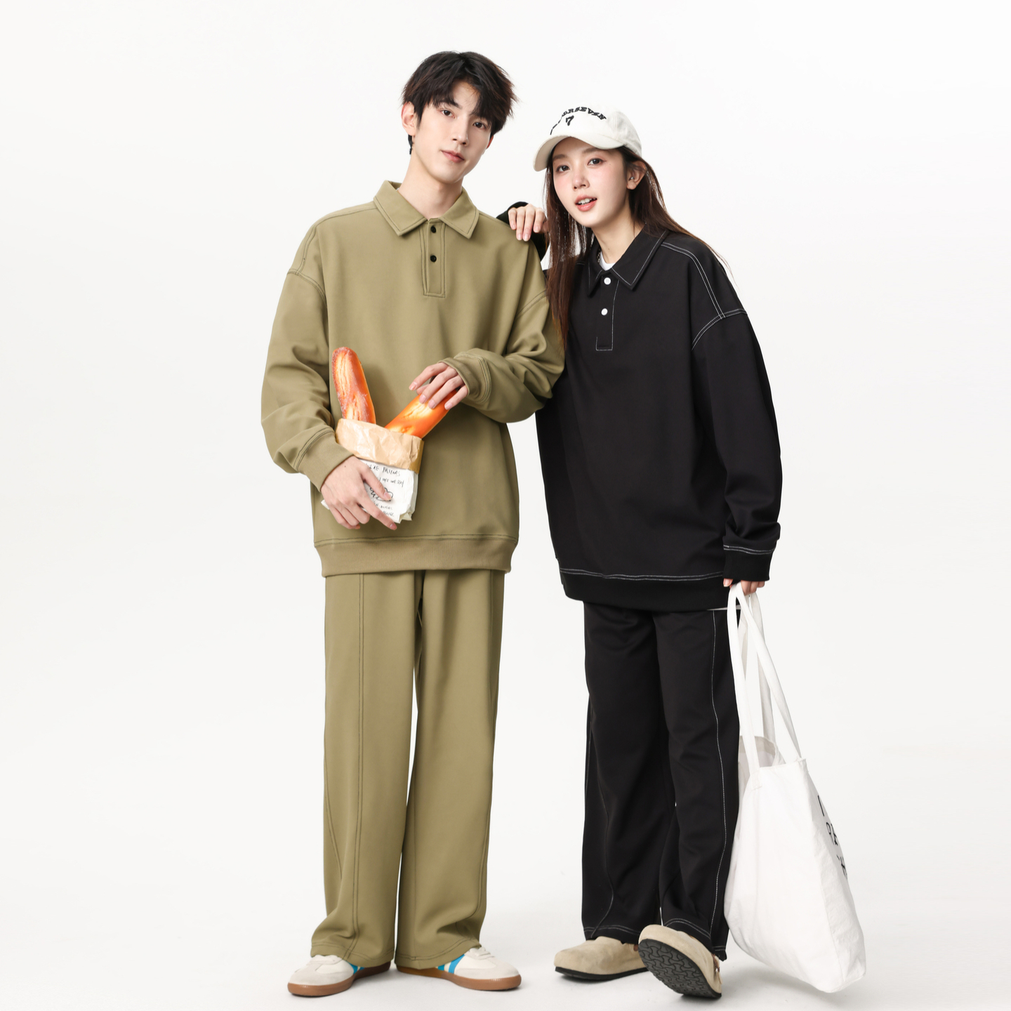 秋季潮牌纯色休闲运动套装男复古