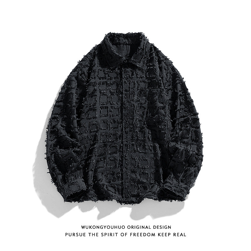 悟空有货潮牌美式格子流苏长袖衬衫男女秋季复古宽松情侣百搭衬衣