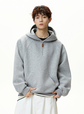 悟空有货潮牌美式解构拼接重磅半拉链卫衣男复古情侣宽松连帽上衣