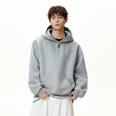 美式解构拼接重磅半拉链卫衣男