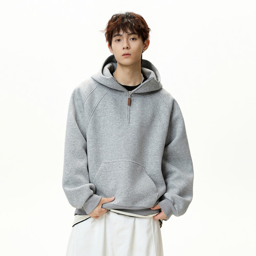 美式解构拼接重磅半拉链卫衣男