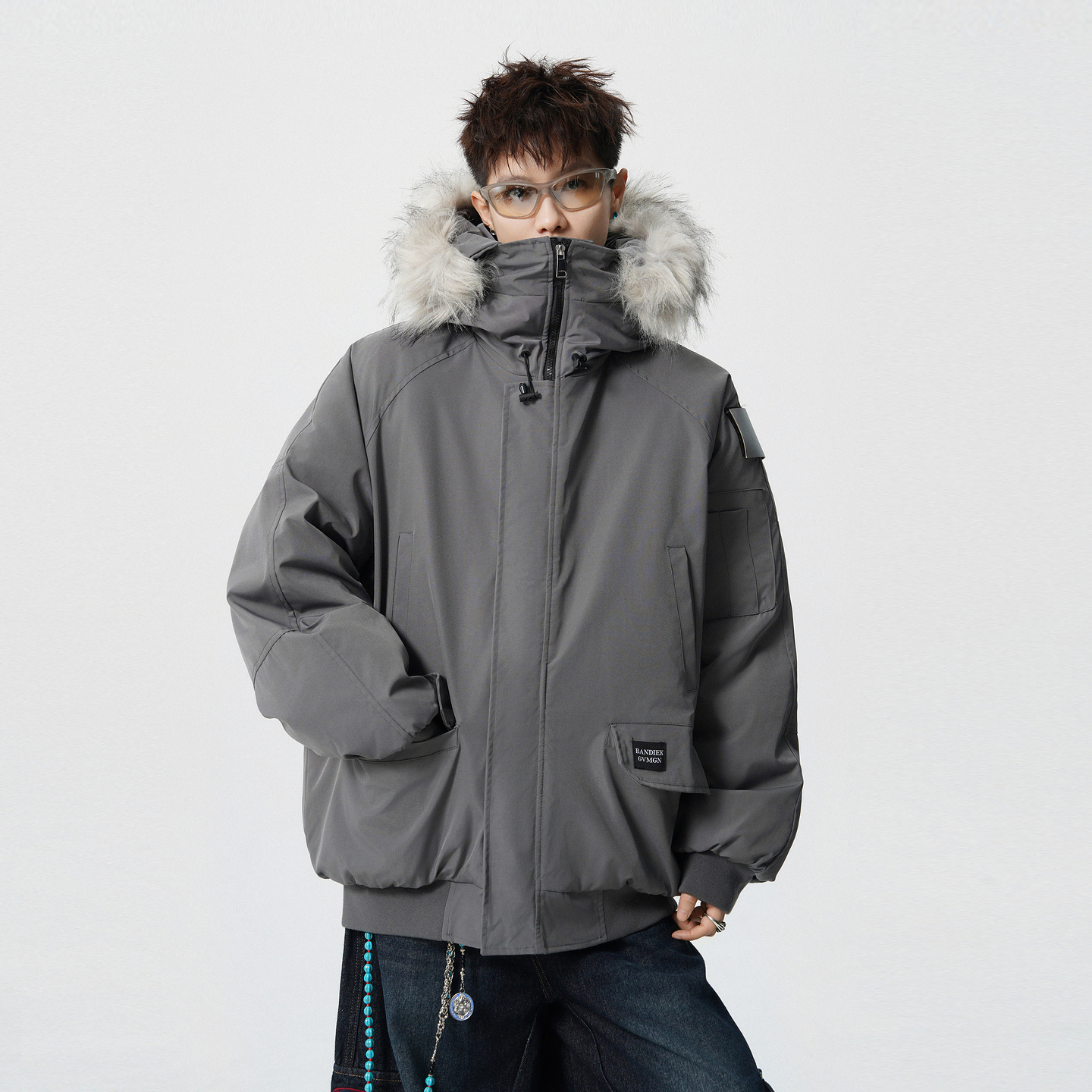 潮牌美式冬季毛领连帽派克服棉衣