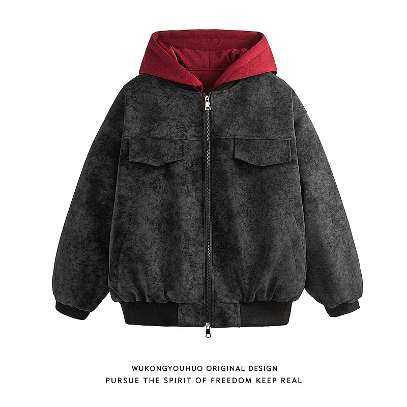 悟空有货美式假两件拼接红色连帽棉衣男冬季复古皮衣加厚棉服外套,男装,棉衣,淘宝优惠券,粉丝福利购,淘宝优惠卷