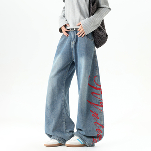 男宽松潮流百搭阔腿长裤 悟空有货潮牌美式 字母刺绣直筒弯刀牛仔裤