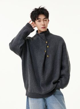 悟空有货纽扣设计感半高领针织衫男秋季潮牌cleanfit小众休闲毛衣