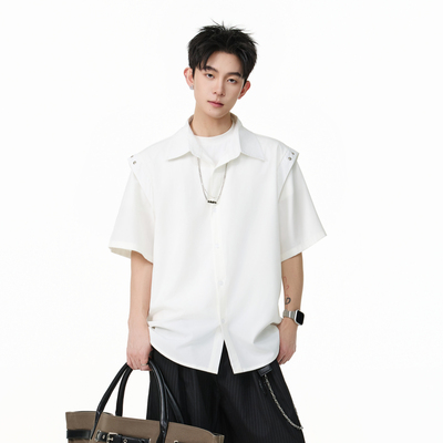 美式复古解构项链短袖衬衫男夏季