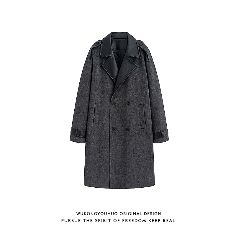 悟空有货高级感PU皮拼接毛呢中长款大衣外套男女秋冬百搭休闲上衣