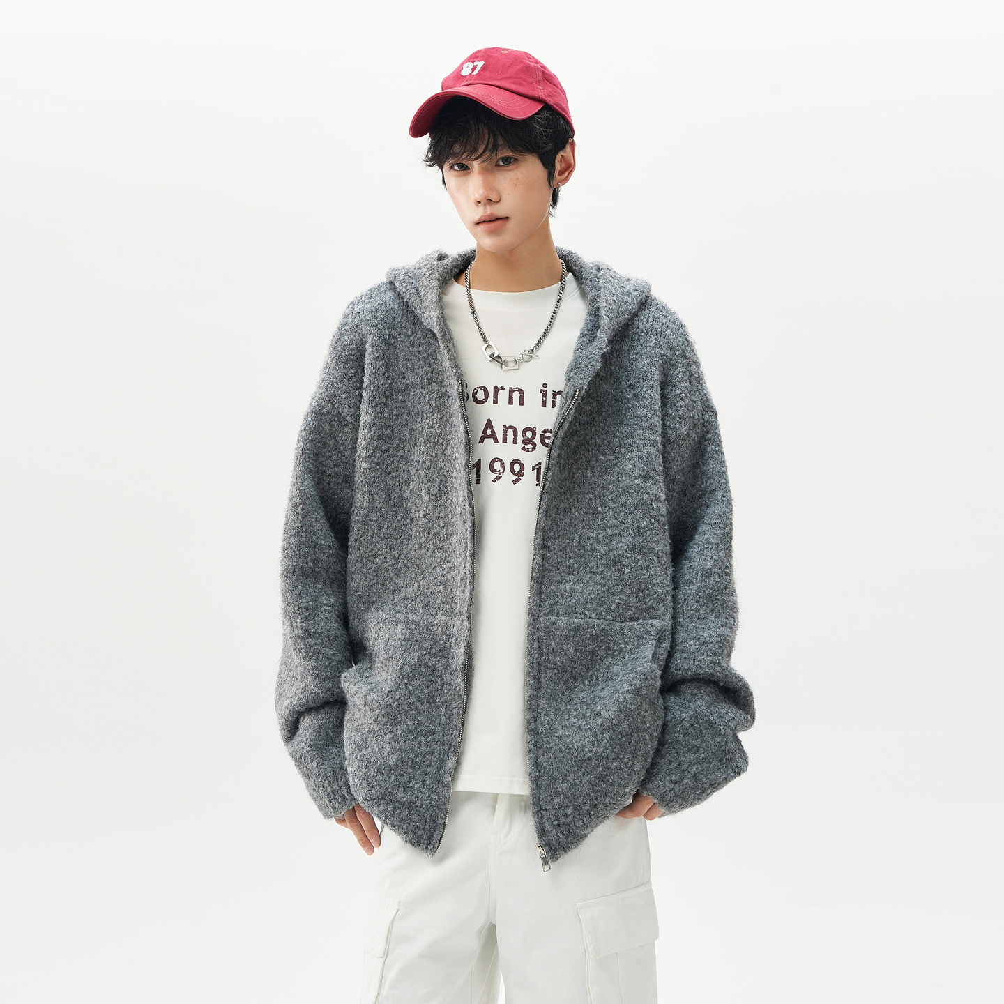 复古混纺圈圈纱开衫毛衣男潮