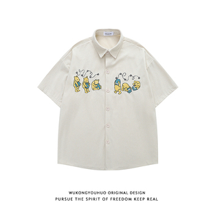 悟空有货夏季灯芯绒卡通刺绣短袖衬衫男潮牌宽松情侣百搭半袖衬衣