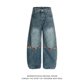 男宽松百搭直筒阔腿裤 悟空有货美式 潮牌腊肠狗刺绣水洗弯刀牛仔裤