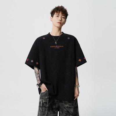 欧美嘻哈扎染字母刺绣短袖T恤