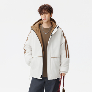 悟空有货潮牌冬季条纹加厚连帽棉衣男女复古情侣保暖休闲棉服外套
