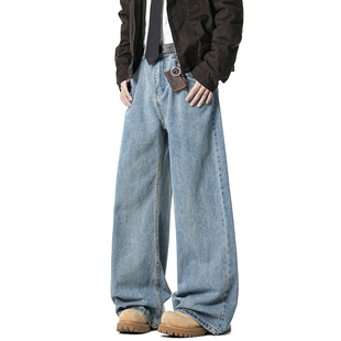 男复古宽松阔腿百搭潮流长裤 悟空有货潮牌美式 水洗做旧弯刀牛仔裤