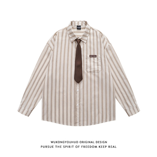 悟空有货复古港风领带条纹长袖 男日系学院风宽松百搭休闲衬衣 衬衫