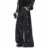 男宽松潮流阔腿百搭长裤 悟空有货潮牌美式 星星刺绣丹宁直筒牛仔裤