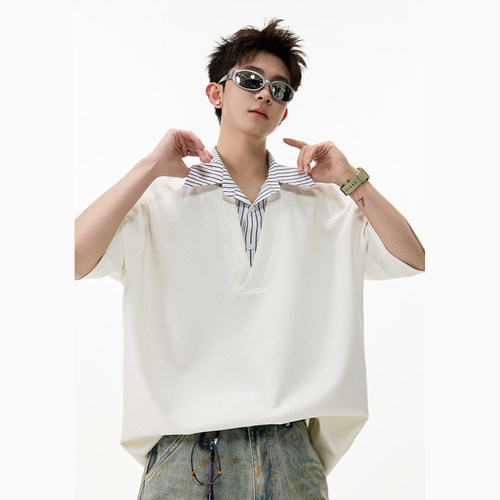 美式复古假两件条纹翻领POLO衫男