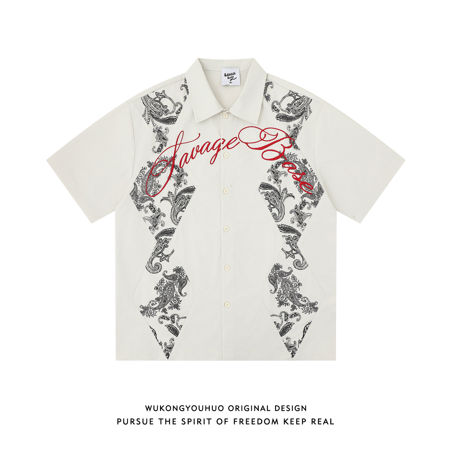 悟空有货欧美嘻哈腰果花字母刺绣短袖衬衫男潮牌宽松情侣休闲衬衣