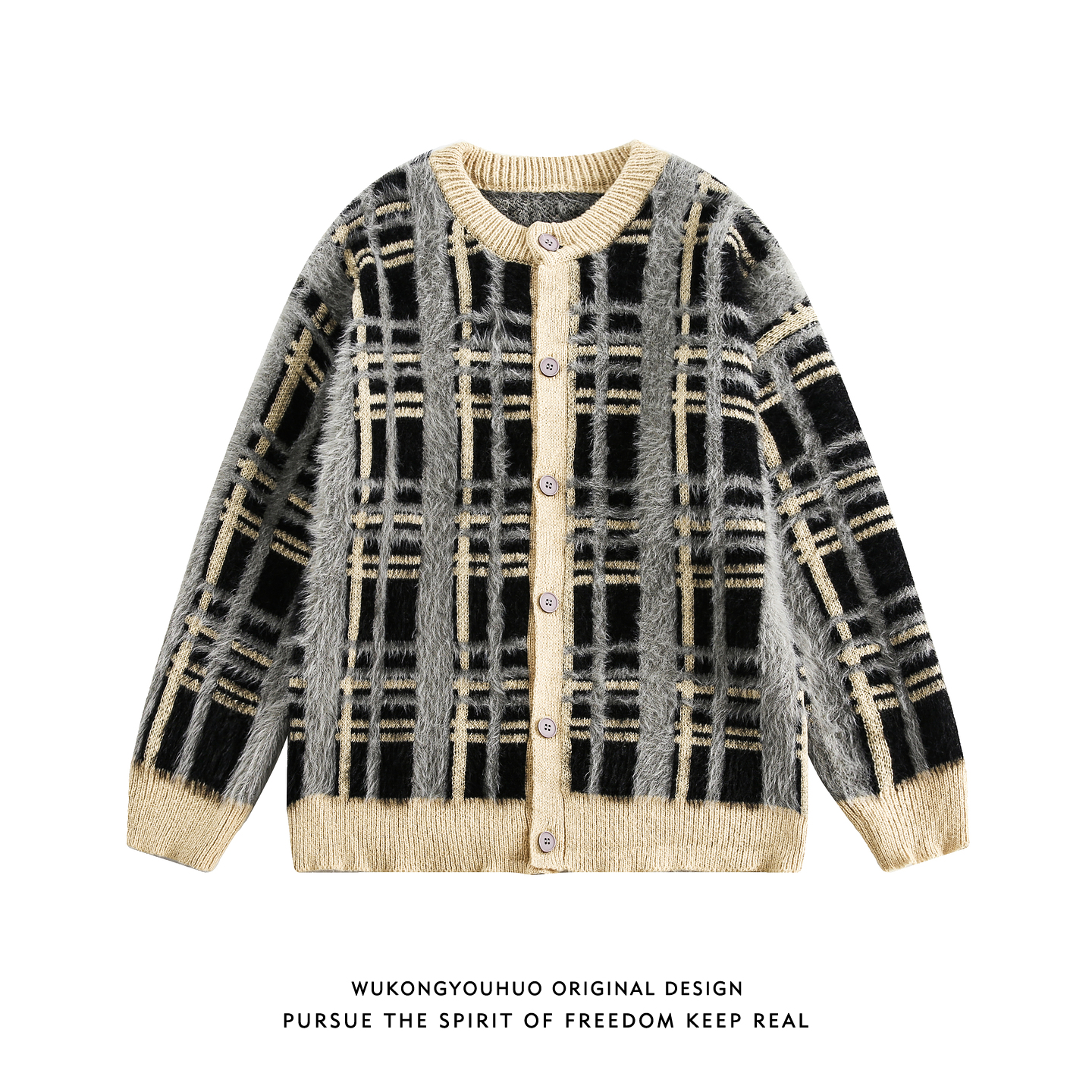 悟空有货美式复古马海毛格子纽扣开衫毛衣男女秋季情侣宽松针织衫