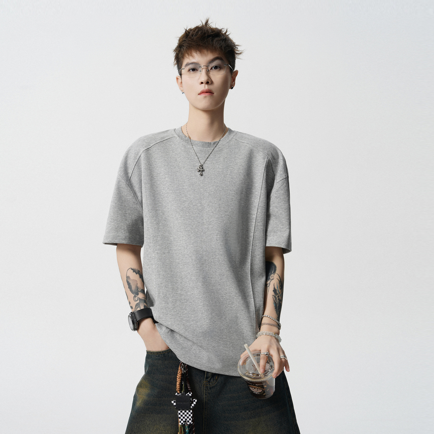 潮牌美式解构拼接圆领短袖T恤男