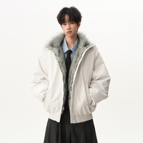 潮牌美式座山雕加厚毛领棉服男
