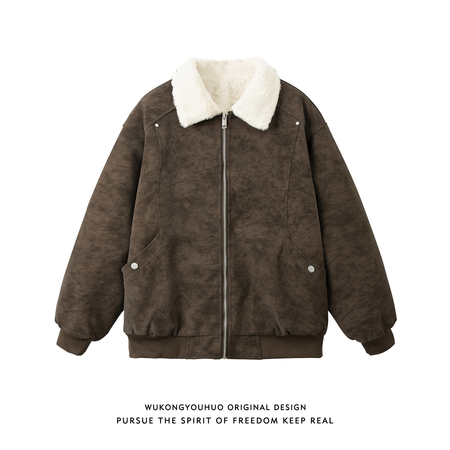 悟空有货美式复古巴恩风PU皮毛领棉服男冬季潮牌情侣保暖加厚棉衣