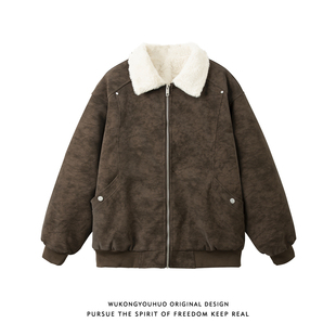 悟空有货美式 潮牌情侣保暖加厚棉衣 复古巴恩风PU皮毛领棉服男冬季
