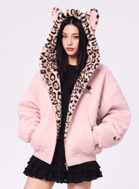 美式兔耳朵豹纹加厚连帽棉服男