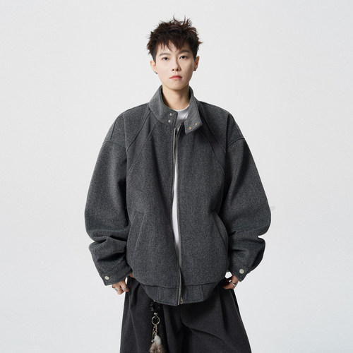 美式复古高级感呢料立领棉衣男