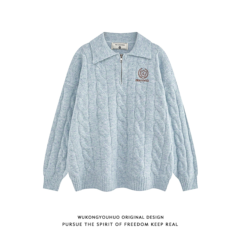 悟空有货学院风麻花刺绣POLO领毛衣男复古宽松慵懒情侣百搭针织衫