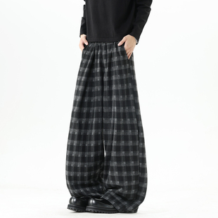 男宽松潮牌百搭直筒长裤 悟空有货潮牌美式 复古格子阔腿弯刀休闲裤