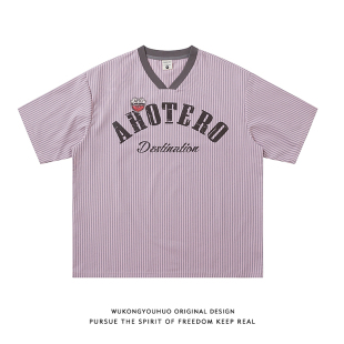 悟空有货美式 T恤男潮牌宽松情侣休闲百搭tee 街头条纹字母印花短袖