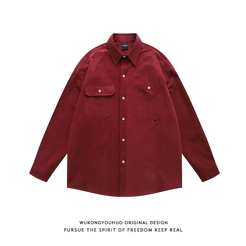 美式复古酒红色工装长袖衬衫外套