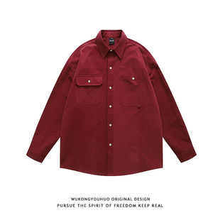 男秋季 悟空有货美式 衬衫 长袖 潮牌宽松廓形衬衣外套 复古酒红色工装