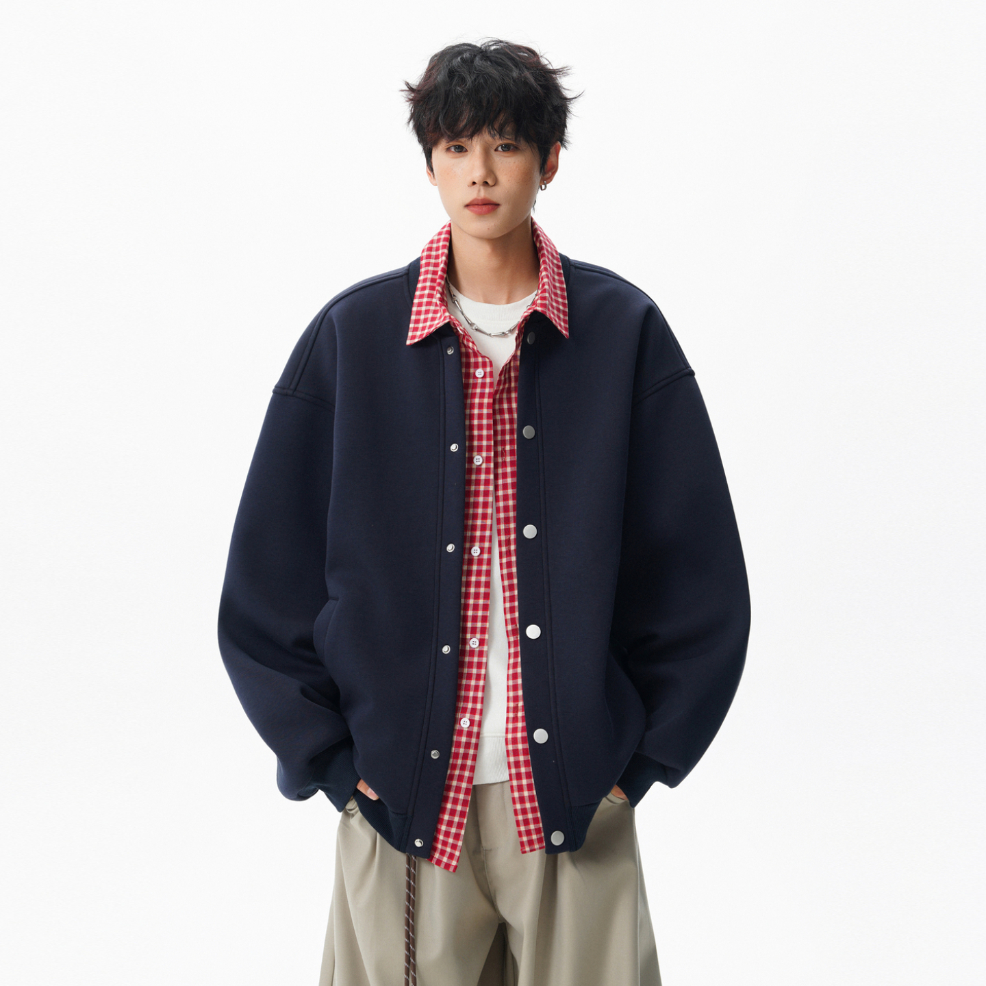 悟空有货假两件格子拼接衬衫领开衫卫衣男女秋季宽松韩系情侣外套