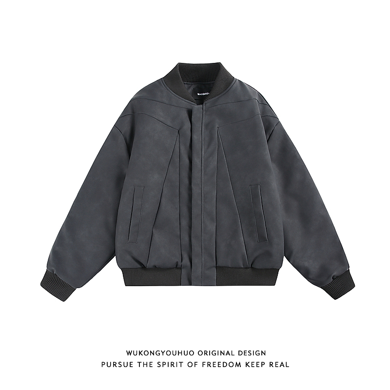 潮牌美式解构PU皮棒球服棉衣男