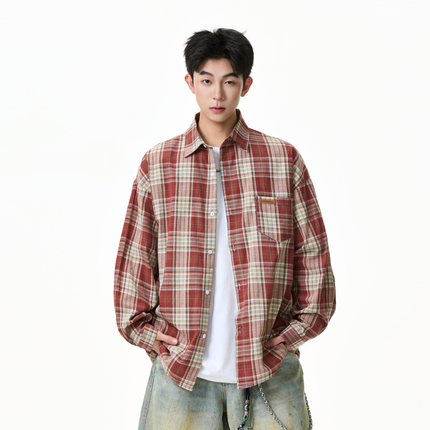 潮牌美式格子长袖衬衫男女秋季