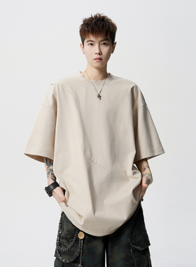 悟空有货夏季小众不规则拼接短袖T恤男潮牌bf慵懒风情侣休闲体恤