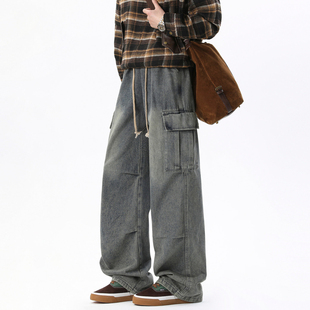 悟空有货潮牌美式水洗做旧直筒牛仔裤男冬季复古宽松休闲百搭长裤