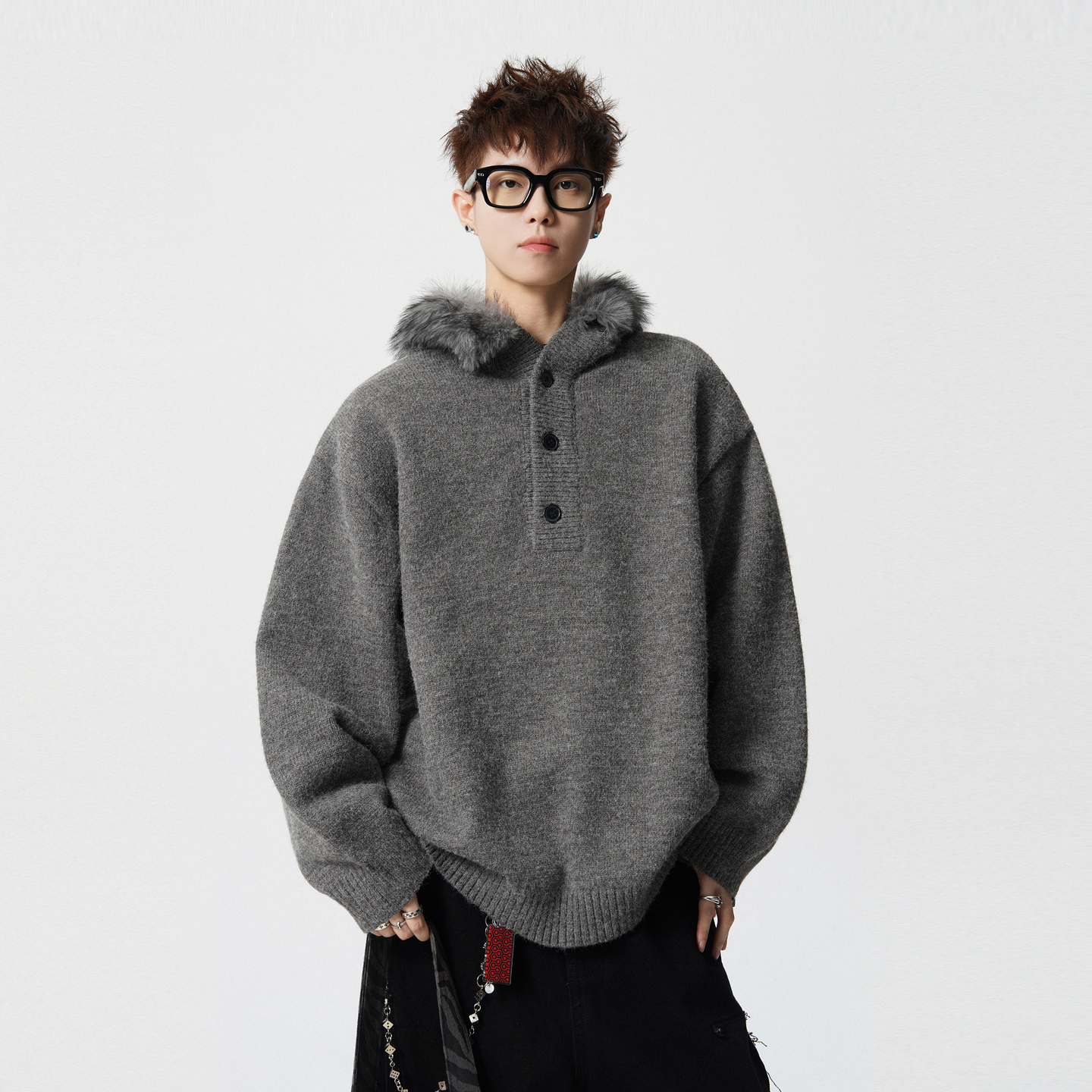 可拆卸毛领半开衫纽扣连帽卫衣