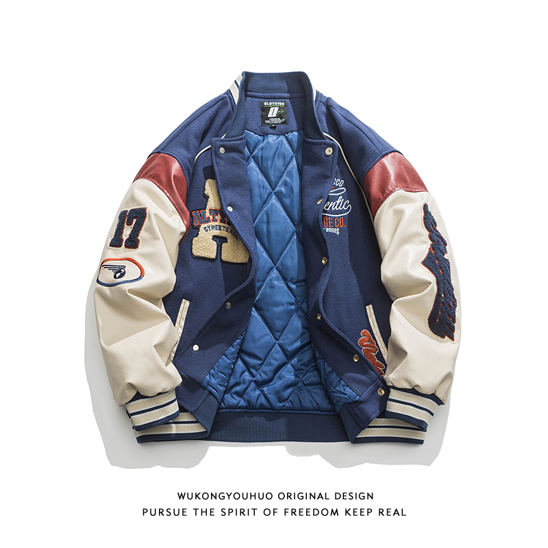悟空有货美式潮牌植绒拼接棒球服棉衣男冬季复古加厚保暖棉服外套