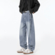 男宽松潮流阔腿百搭长裤 悟空有货潮牌美式 水洗做旧拼接直筒牛仔裤