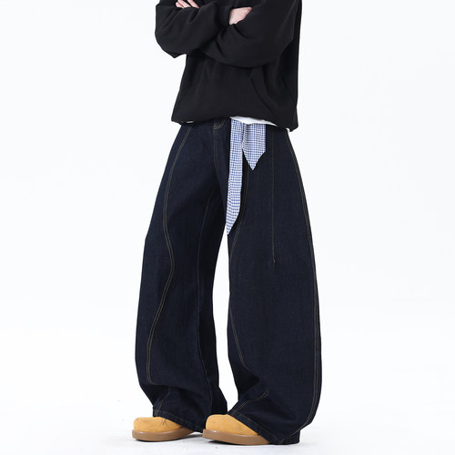 美式复古格子方巾弯刀牛仔裤男