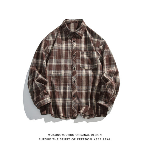 潮牌复古美式格纹长袖衬衫男女