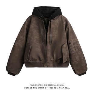 悟空有货美拉德棕色假两件短款皮衣棉服男女冬季美式小众保暖棉衣