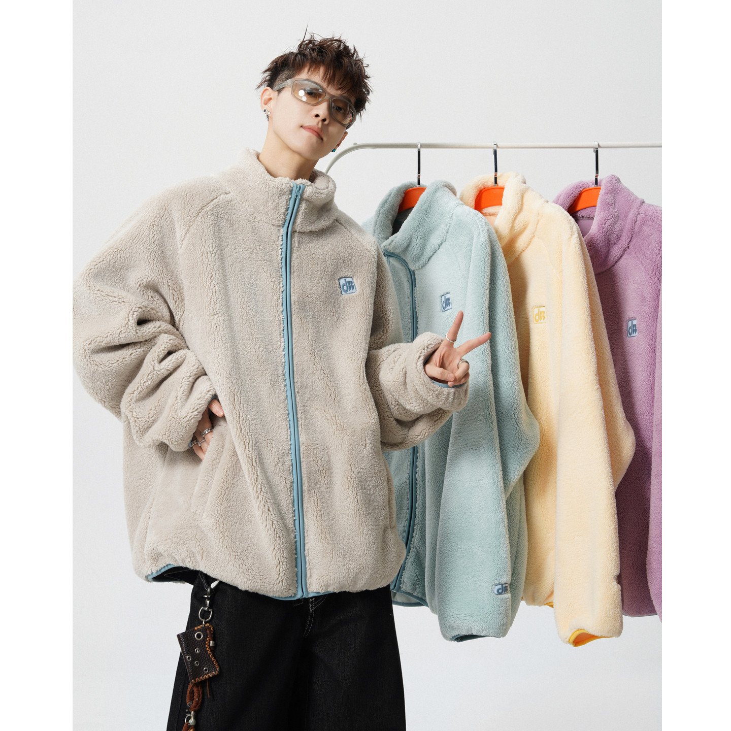 冬季拼色拉链羊羔毛立领棉衣男女