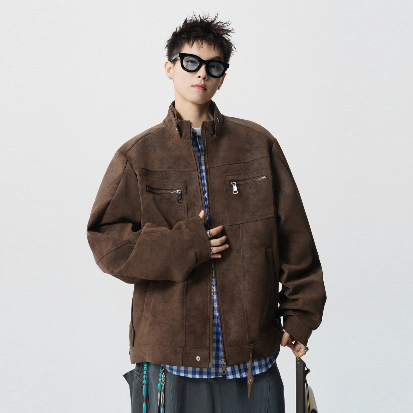 美式雾面扎染工装PU皮衣外套男