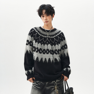 悟空有货秋冬拼色费尔岛提花圆领毛衣男潮牌宽松情侣马海毛针织衫