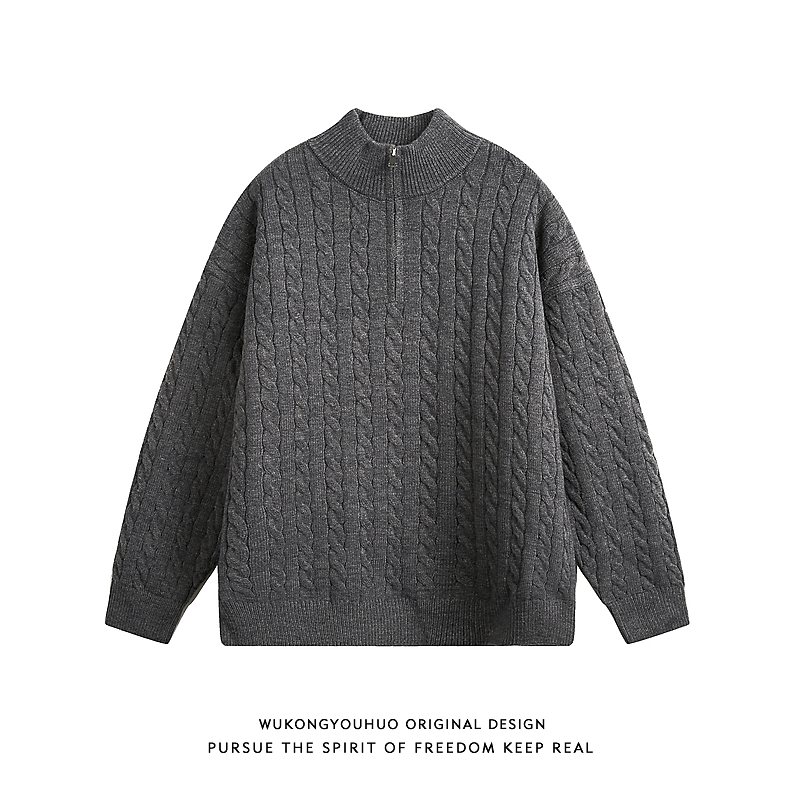 悟空有货美式复古麻花半拉链高领针织衫男女潮牌宽松保暖情侣毛衣