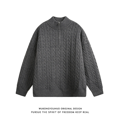 美式复古麻花半拉链高领针织衫